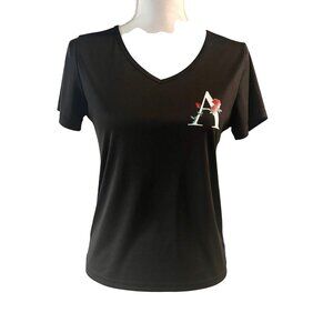 Shein Black Short Sleeve Floral Initial A V-Neck Minimalist Casual Tee Womens M